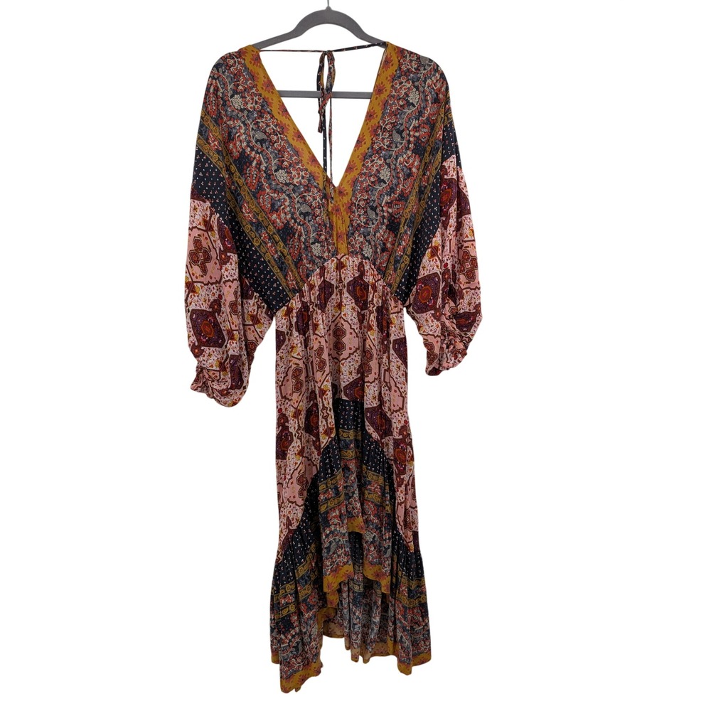 Boho Western Babydoll Umgee Patchwork Pink Multi Balloon Sleeve L Midi Dress - Picture 4 of 10